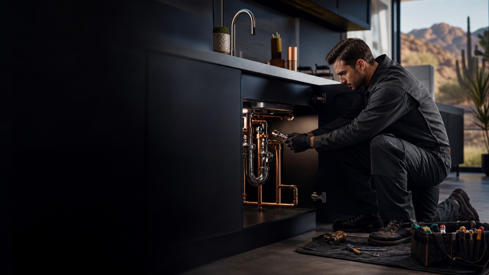 Professional plumber working inside a bright Arizona home
